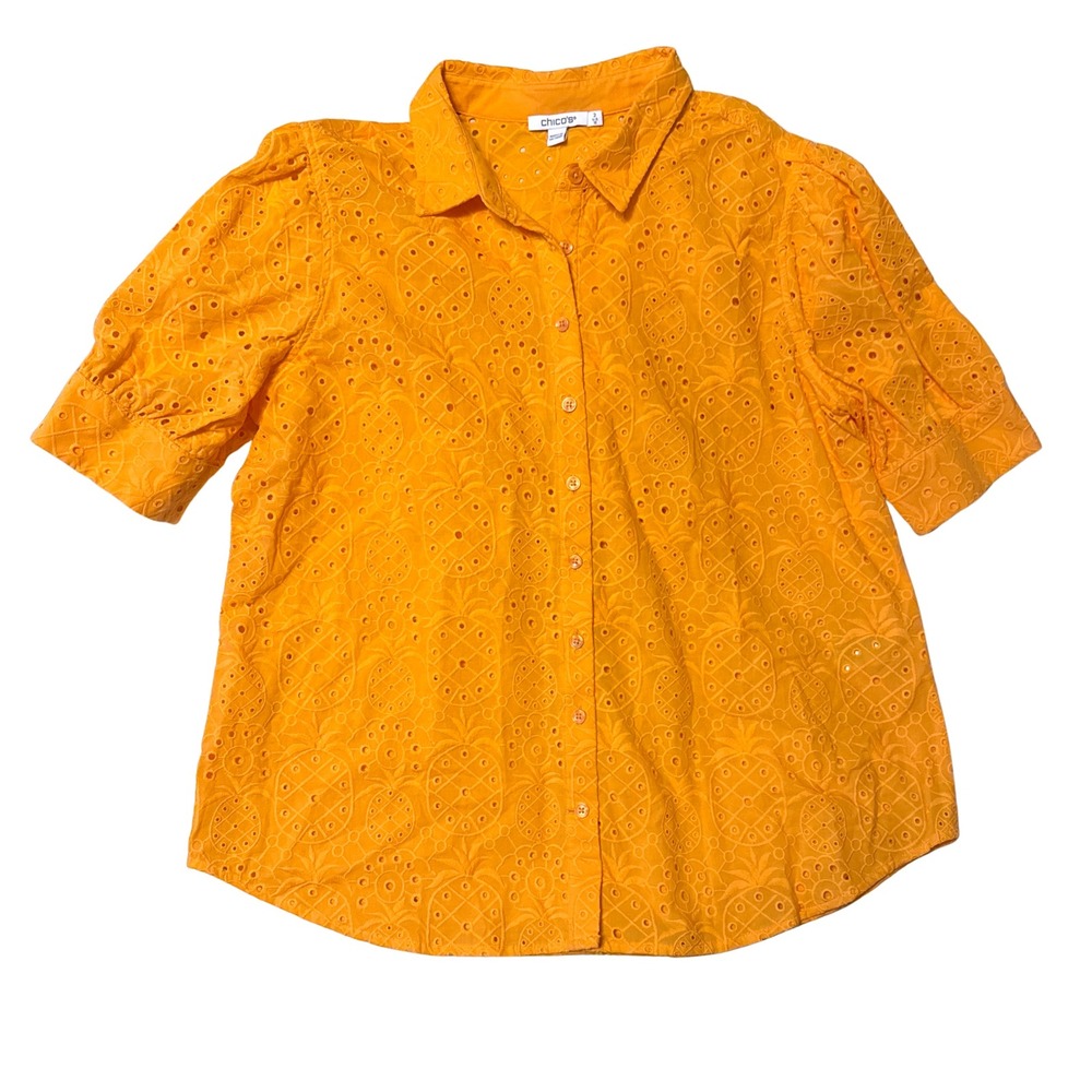Chicos Orange Pineapple Eyelet Button Shirt Short Puff Sleeve  Size 2 12//14